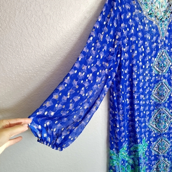 Lilly Pulitzer Jupiter Silk Maxi Caftan Blue Grotto SILK Fan Dress Sz L/Xl - Picture 5 of 9